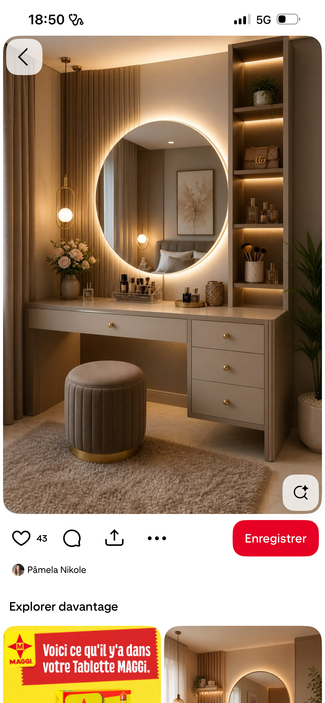 Reliquat coiffeuse suspendue 4 tiroirs 110 large | miroir cercle led| lambris| | étagère led | couleur marron | bois brillant